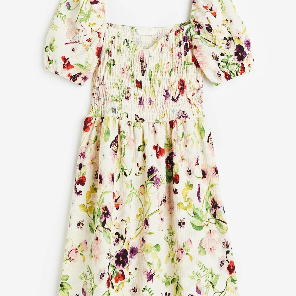 H&M White Multi Floral Puff-Sleeve Smocked Dress